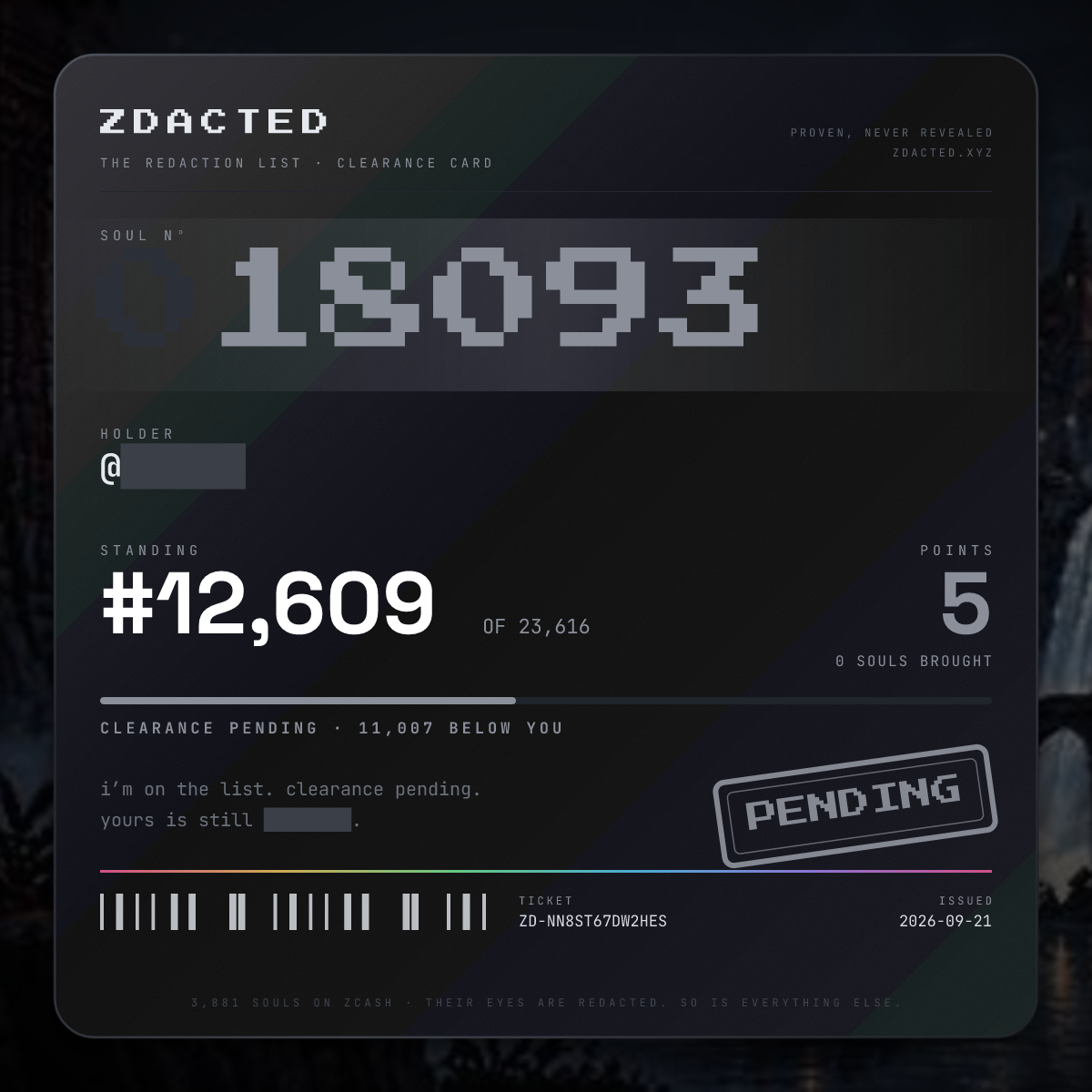 ZDACTED clearance card, soul № 18093